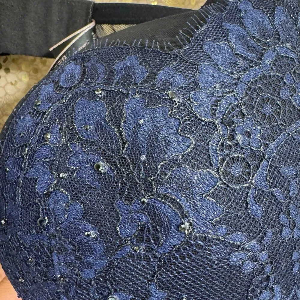 Victorias Secret Very Sexy Pushup Navy Blue Black Lace Rhinestone Bra 38DD
